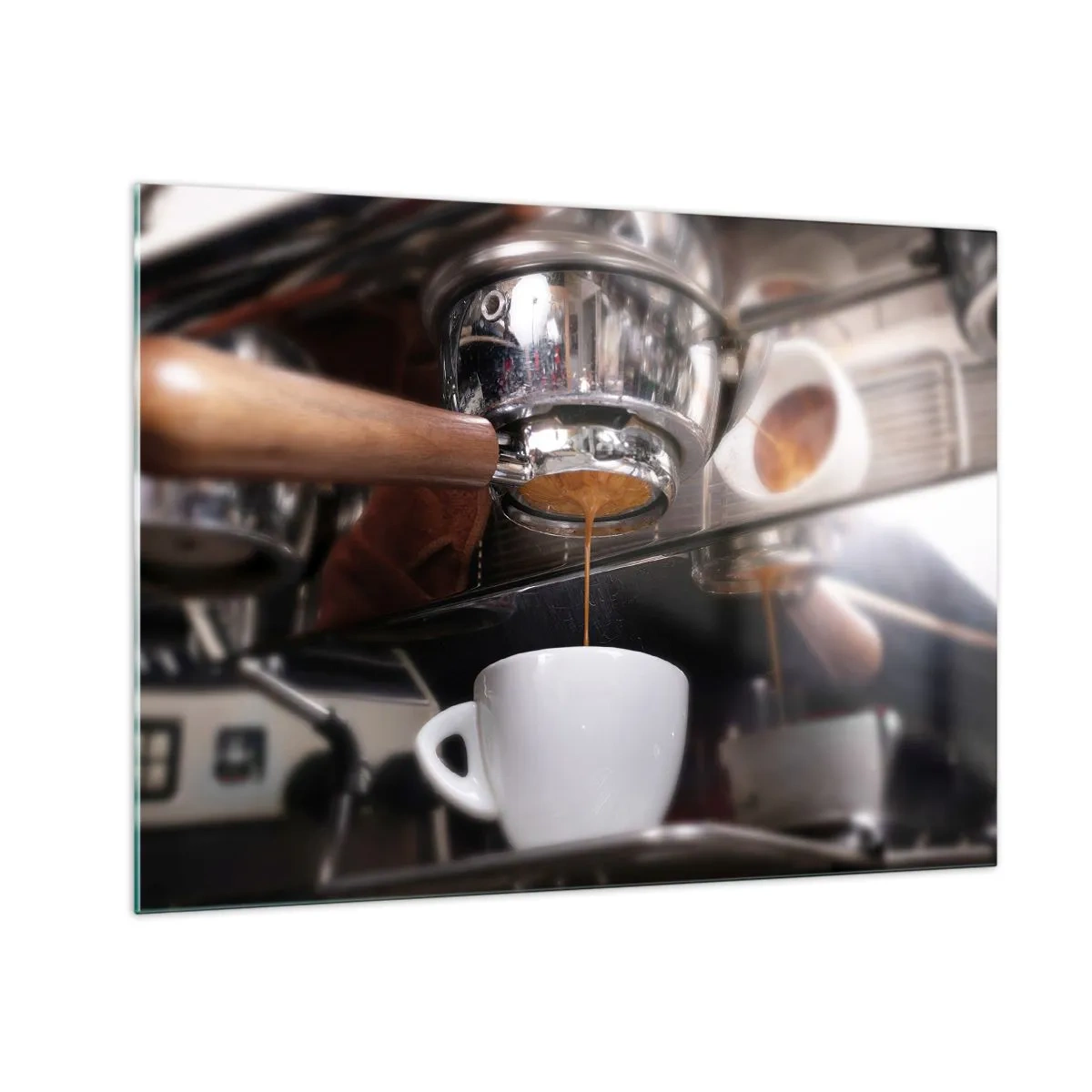 Glastavla - Bild på glas - Närbild av en kopp kaffe som hälls upp från en tryckkaffebryggare - 70x50cm - En bra stund på dagen - Modern väggdekoration för vardagsrum och sovrum ARTTOR