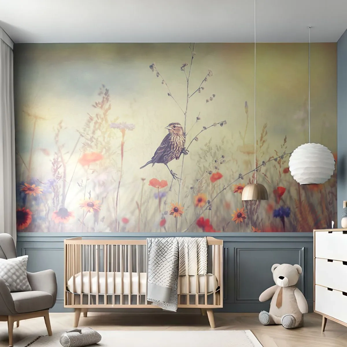 Fototapet Standard Eco - Fågelporträtt med en äng i bakgrunden - Fågel, Äng, Natur - 400x280 cm