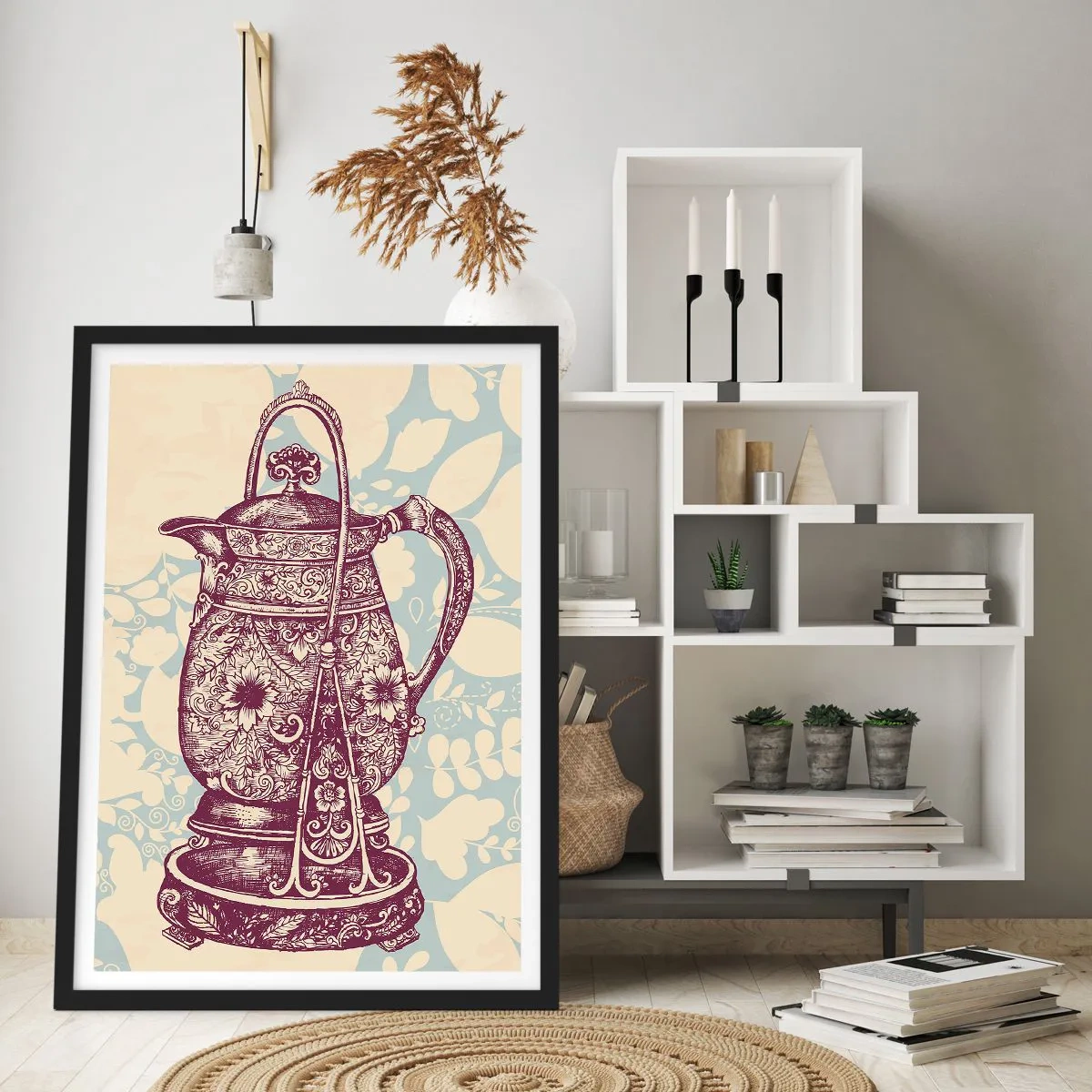 Affisch i svart ram - En dekorerad vintagekanna på en dekorativ bakgrund - 50x70cm - Skönhet av det vardagliga livet - Modern väggdekoration för vardagsrum och sovrum ARTTOR