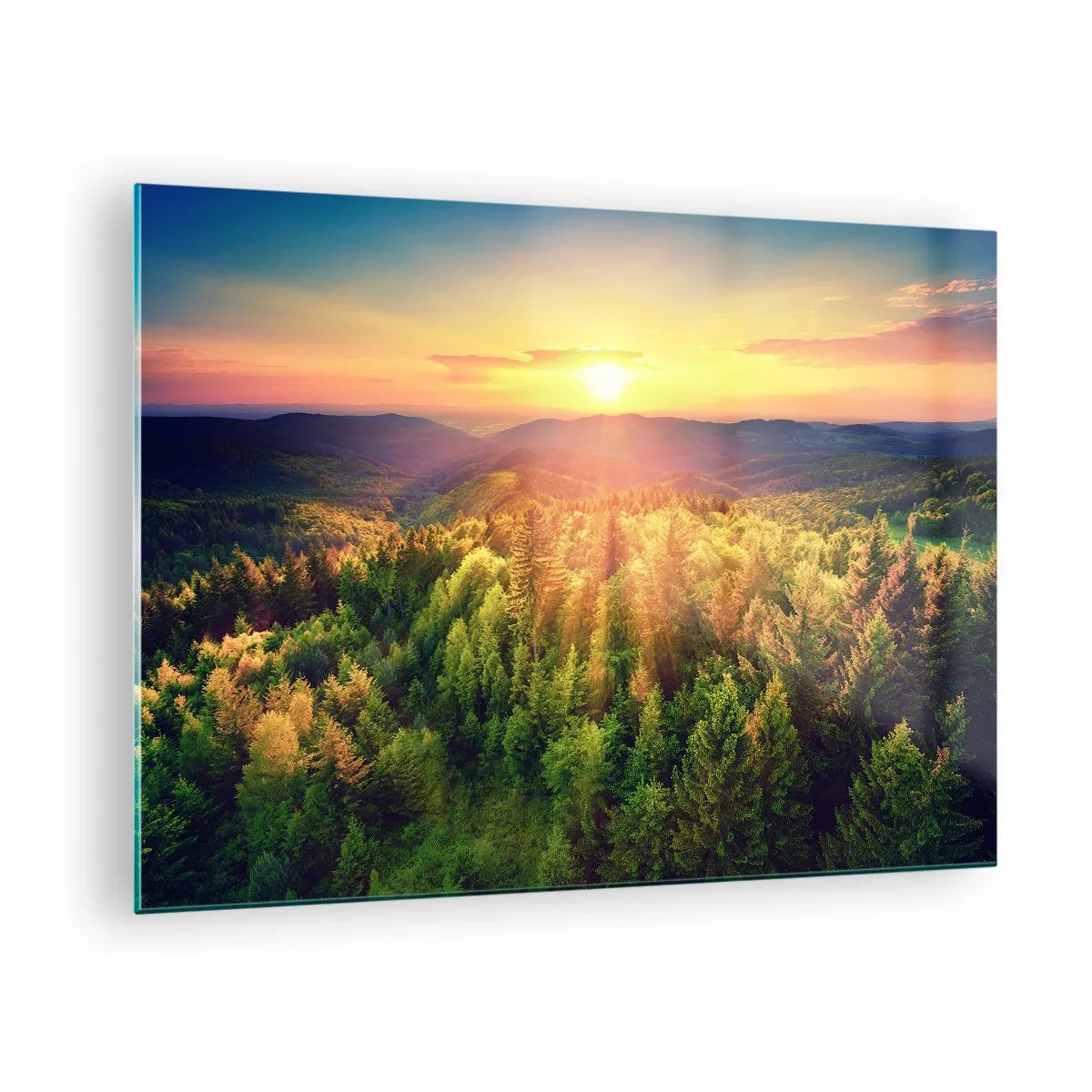 Glastavla - Bild på glas - Solnedgång över en bergskog med utsikt över dalarna - 70x50cm - Trädtoppar och bergstoppar - Modern väggdekoration för vardagsrum och sovrum ARTTOR