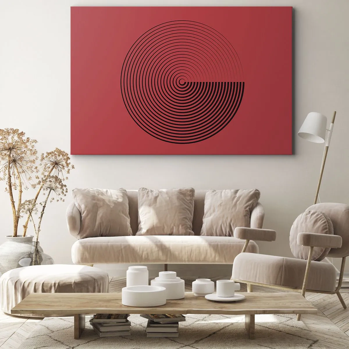 Canvastavla - Bild på duk - Koncentriska cirklar på en röd bakgrund - 70x50cm - Cirkulär rörelse - Modern väggdekoration för vardagsrum och sovrum ARTTOR