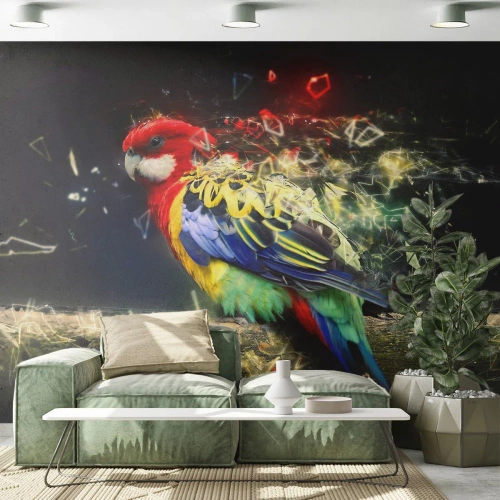 Fototapet Standard Eco - Färgglad papegoja med spridningseffekt på en mörk bakgrund - 100x70cm - Skenets bud - Modern väggdekoration för vardagsrum och sovrum ARTTOR