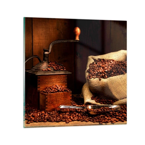 Glastavla - Bild på glas - Stilleben med kaffebönor och kvarn - 30x30 cm