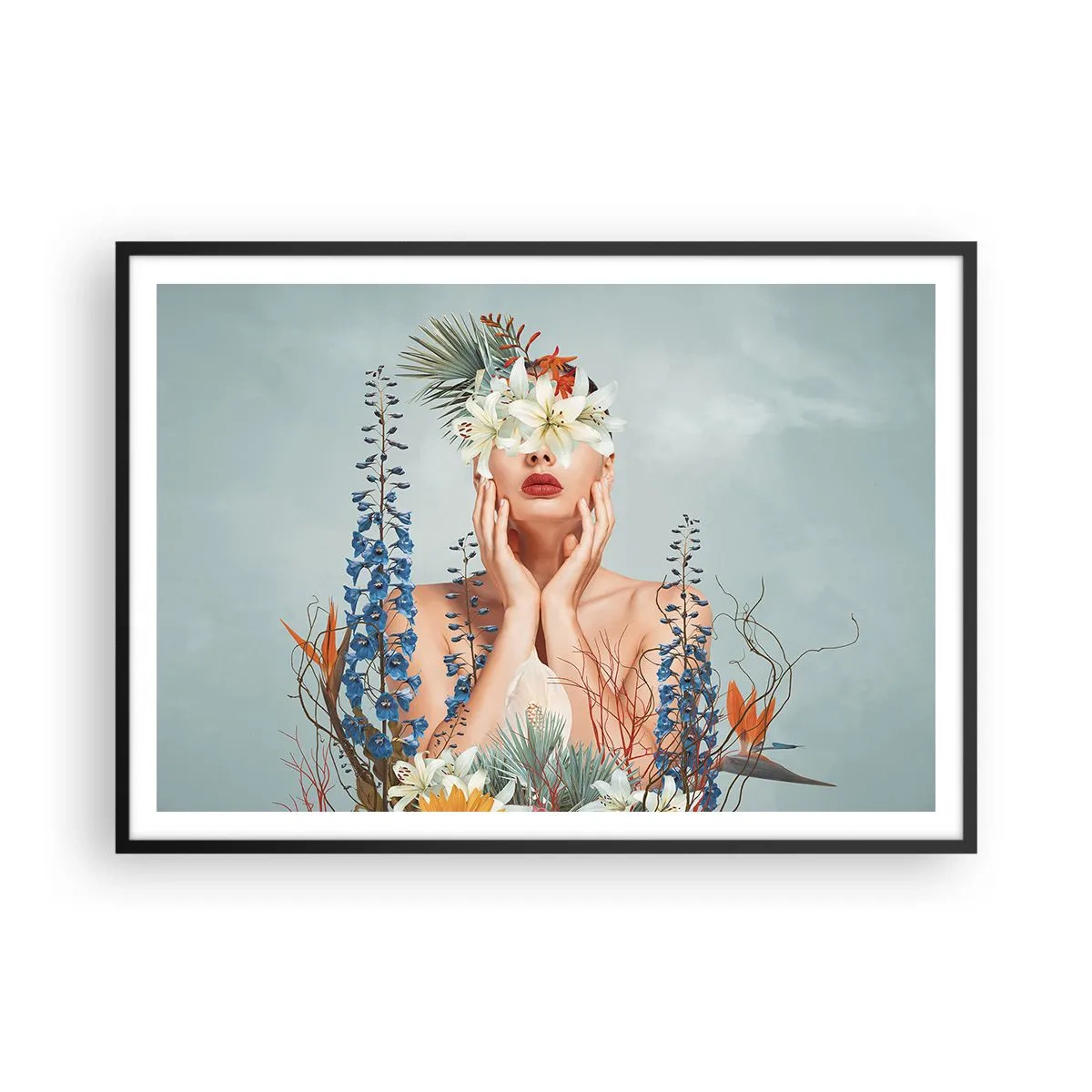 Affisch i svart ram - Kvinna - blomma - 100x70 cm