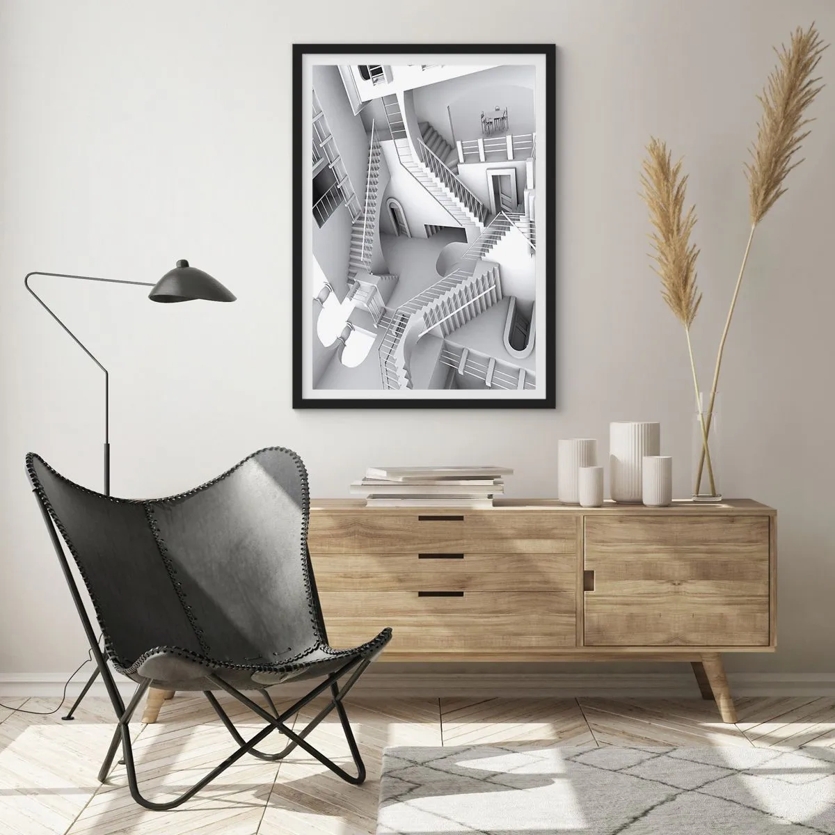 Affisch i svart ram - Illusoriska trappor i ett surrealistiskt utrymme - 50x70cm - Rummets paradoxer - Modern väggdekoration för vardagsrum och sovrum ARTTOR