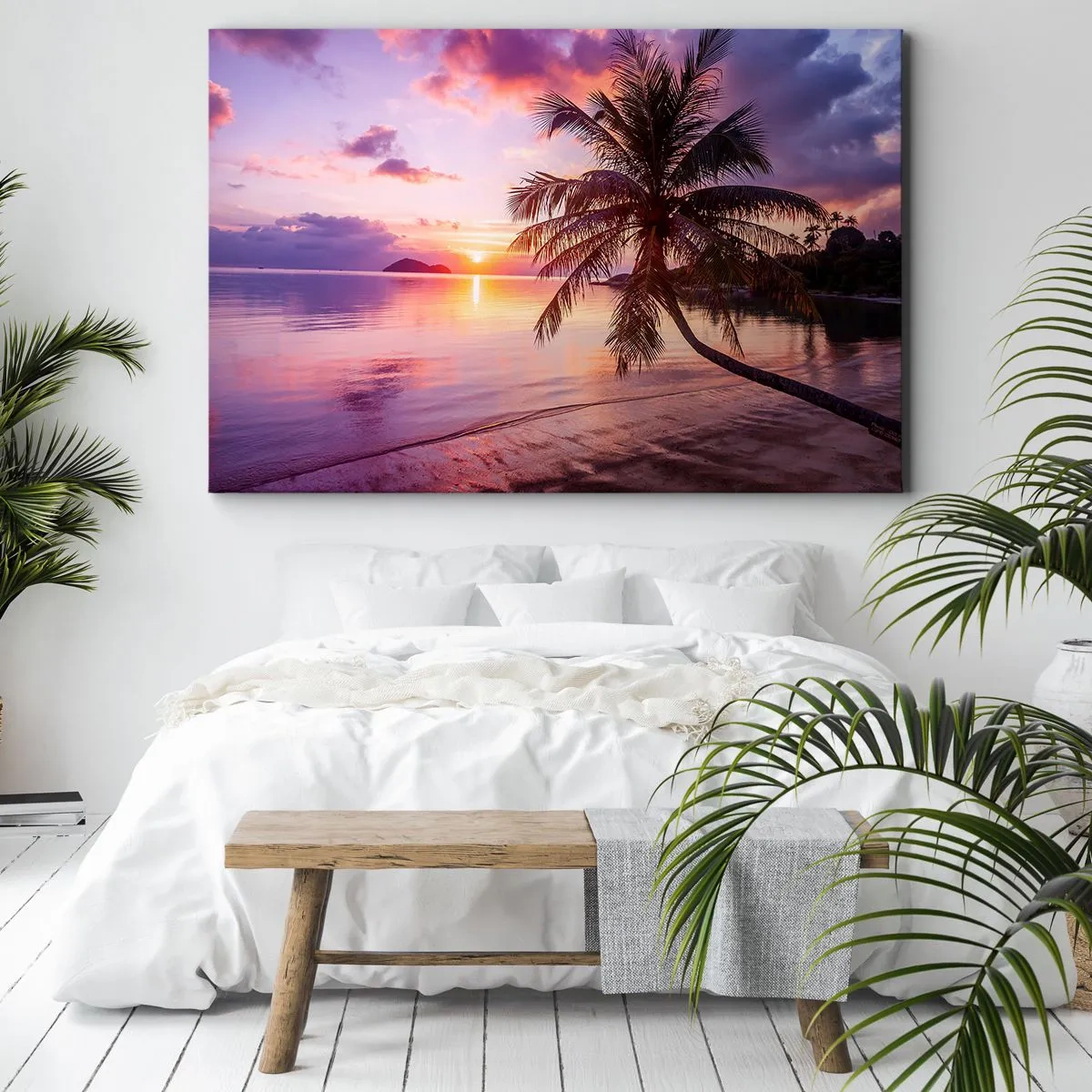Canvastavla - Bild på duk - Tropisk strand med palmträd vid solnedgången - 70x50cm - Lugnt enda fram till horisonten - Modern väggdekoration för vardagsrum och sovrum ARTTOR
