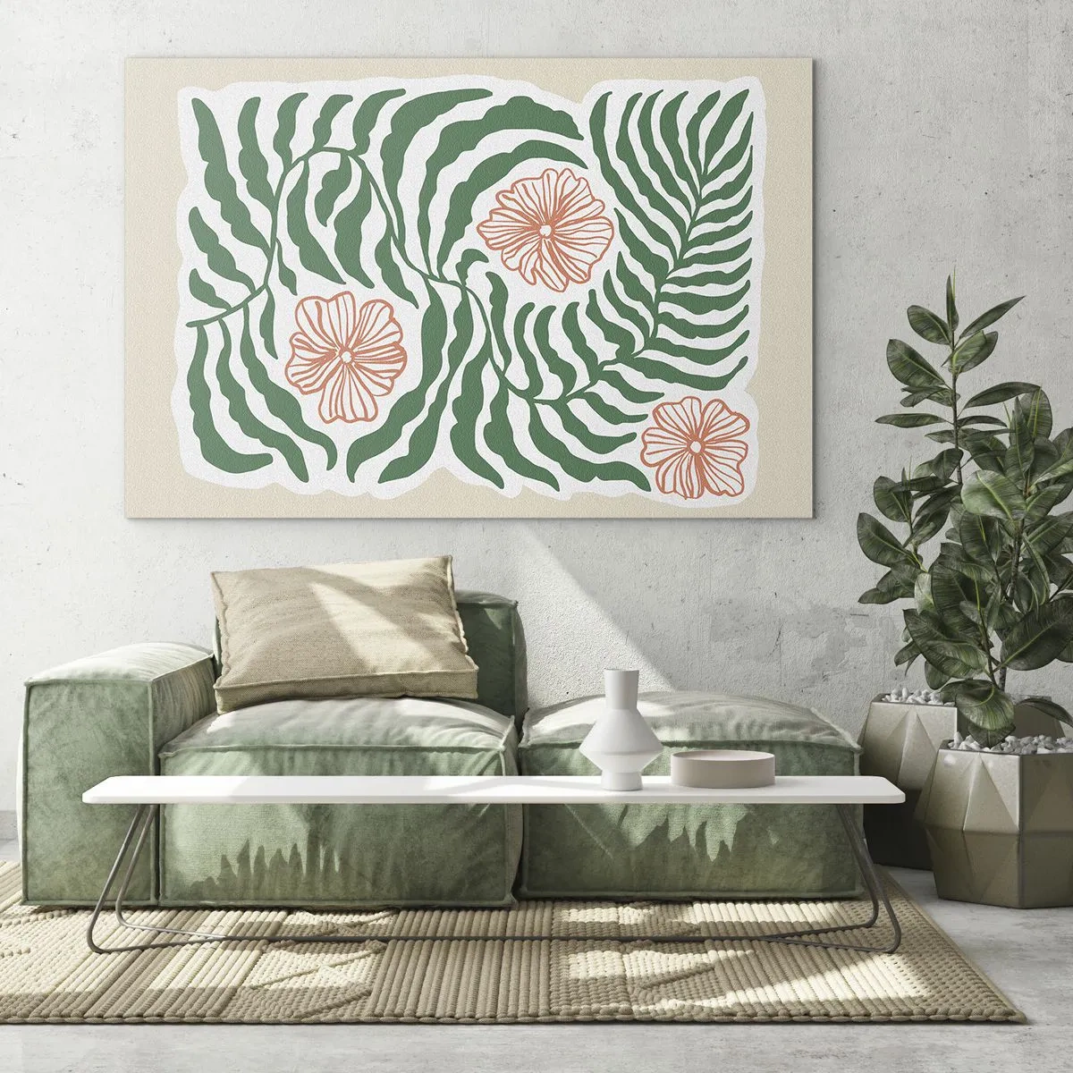 Glastavla - Bild på glas - Gröna blad och röda blommor i ett grafiskt arrangemang - 70x50cm - Blommande i grönt - Modern väggdekoration för vardagsrum och sovrum ARTTOR