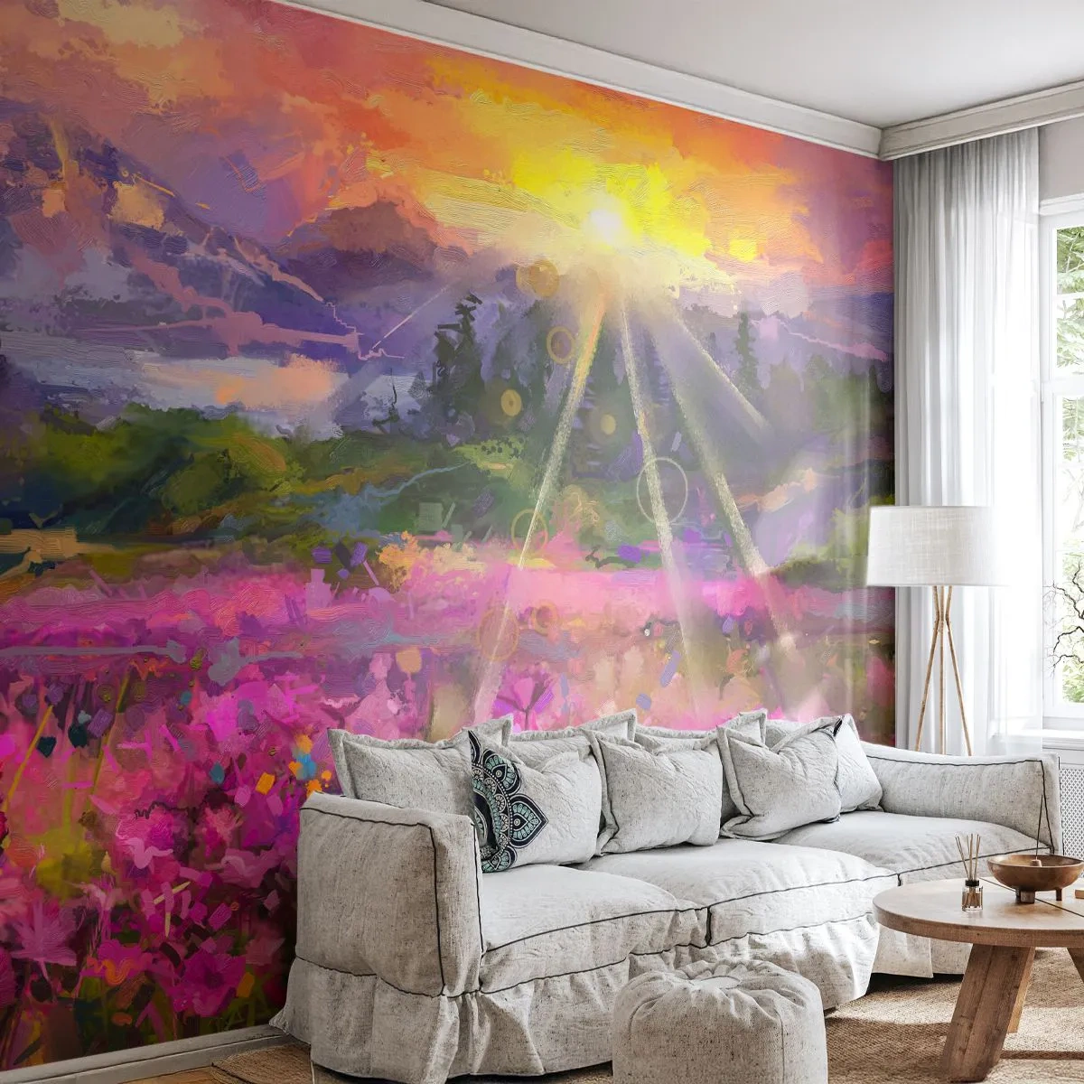 Självhäftande Fototapet Deluxe Sticker - I dalen under solens beskydd - Abstraktion, Landskap, Blommor - 250x175 cm