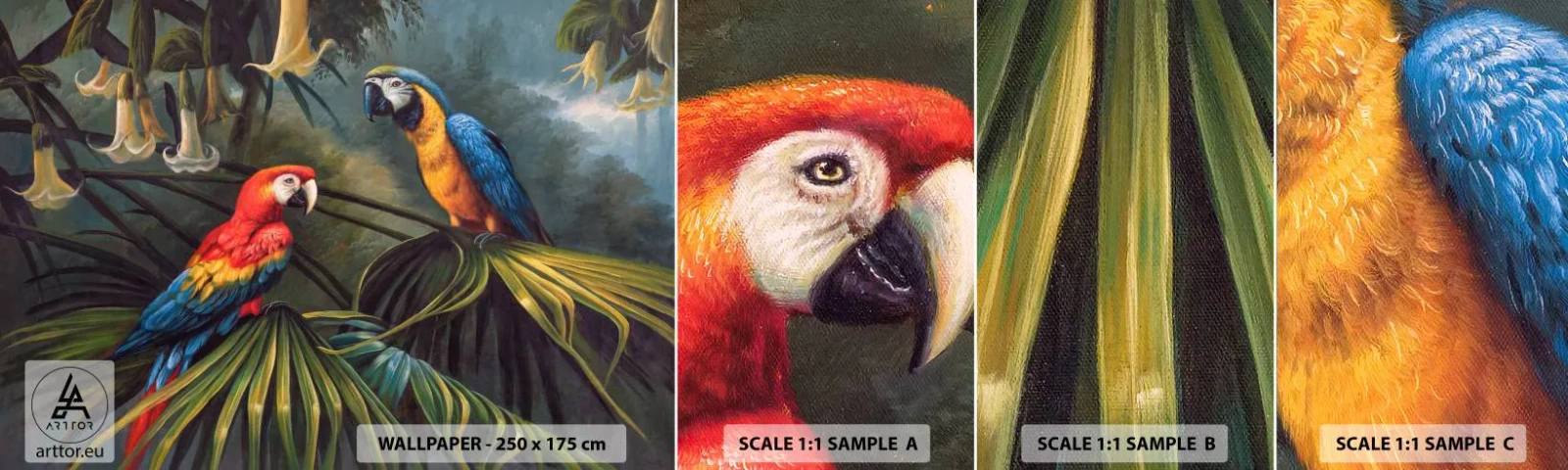 Fototapet Prov Standard Eco - Romantiken i tropikerna - Ara papegoja, Djur, Tropisk skog - 100x30 cm