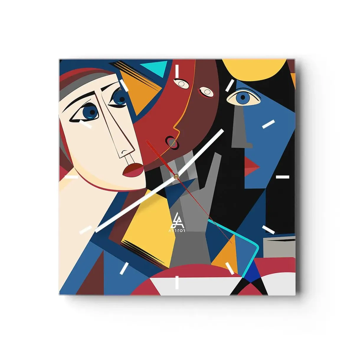 Väggklocka - Klocka på glas - Kubistiskt samtal - 30x30 cm