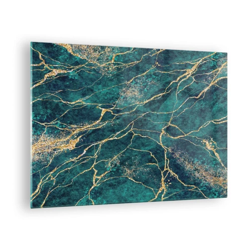 Glastavla - Bild på glas - Marmorerad sten med gyllene ådror, blågrön och gröna nyanser - 70x50cm - Guldåder - Modern väggdekoration för vardagsrum och sovrum ARTTOR