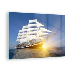 Glastavla - Bild på glas - Ett segelfartyg upplyst av solens strålar i öppet hav - 70x50cm - Deras tid blir aldrig förbi - Modern väggdekoration för vardagsrum och sovrum ARTTOR