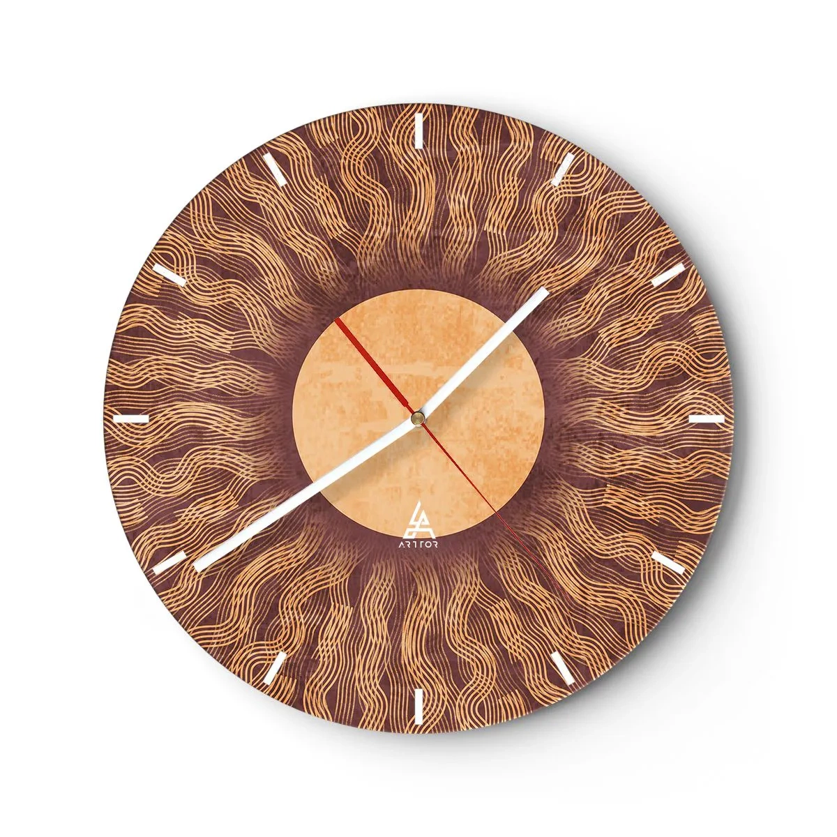 Väggklocka - Klocka på glas - Solurtavla med strålande mönster i varma färger - 30x30cm - Solikon - Modern väggdekoration för vardagsrum, kök och sovrum ARTTOR