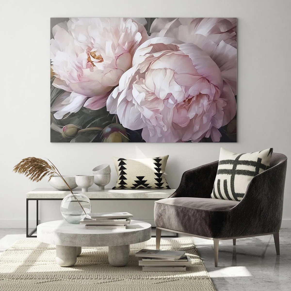 Glastavla - Bild på glas - Fina pioner i en ljusrosa nyans i närbild - 70x50cm - Fast i blomning - Modern väggdekoration för vardagsrum och sovrum ARTTOR