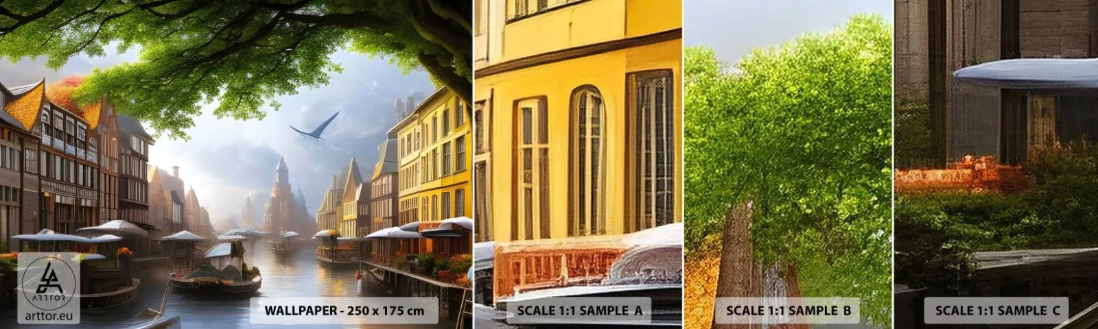 Fototapet Prov Standard Eco - Holländsk stadsbild - Gammal stad, Båtar, Kanal - 100x30 cm