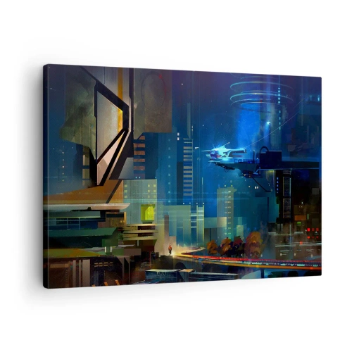 Canvastavla - Bild på duk - Futuristisk stad på natten med neonljus och ett flygande fordon - 70x50cm - Inom snar framtid - Modern väggdekoration för vardagsrum och sovrum ARTTOR