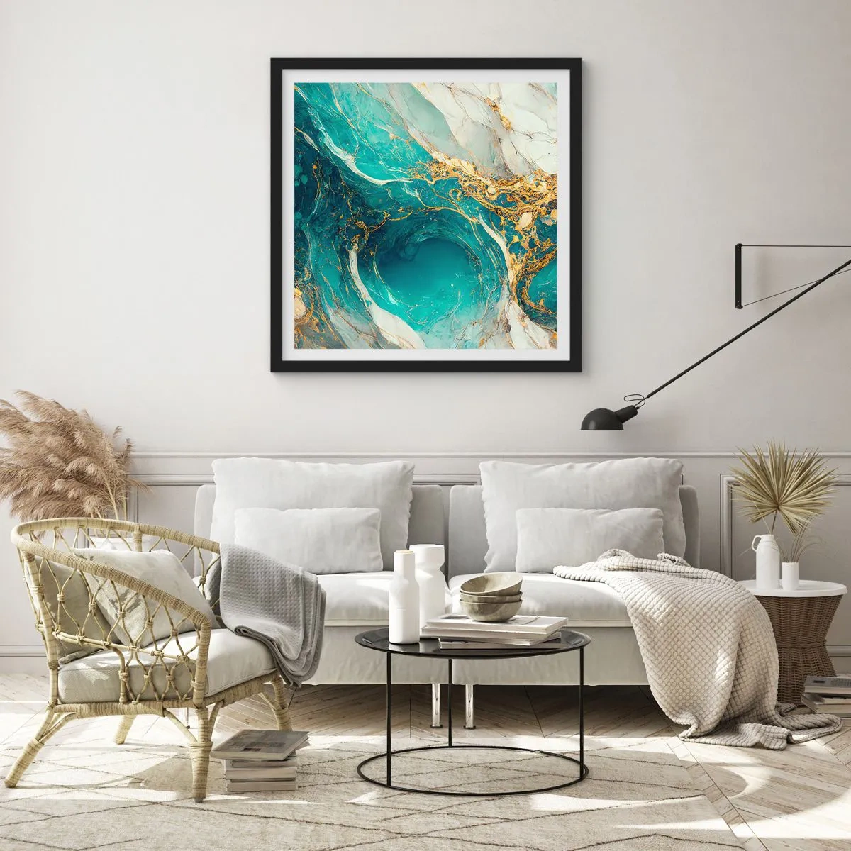 Affisch i svart ram - En komposition med guldådror - 50x50 cm