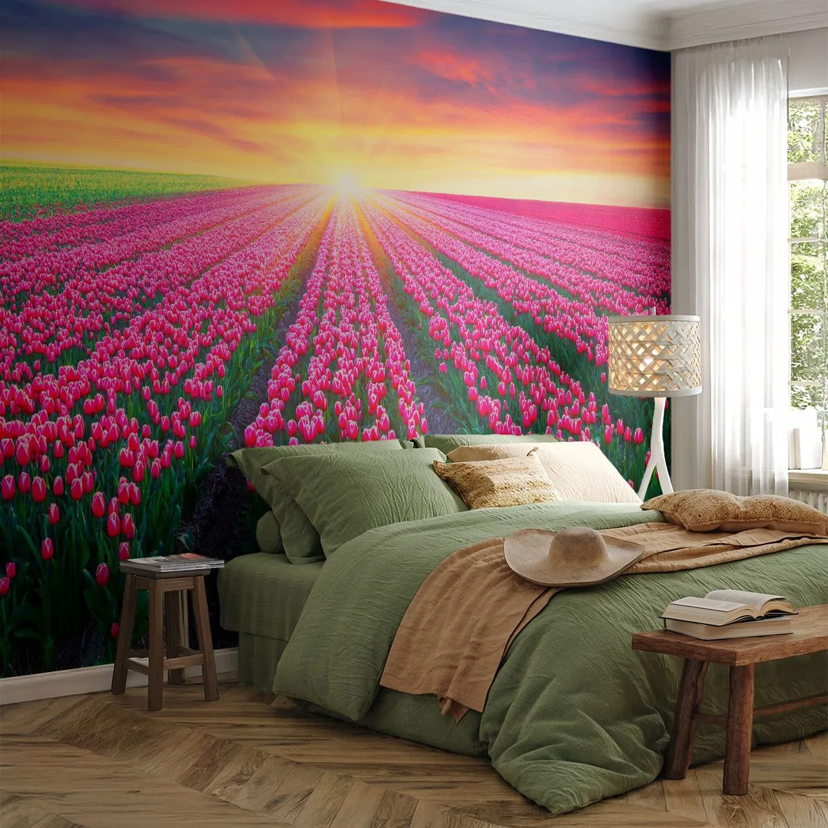 Fototapet Premium Canvas - Skönhetsfarmen - Blommor, Tulpaner, Solnedgång - 300x210 cm