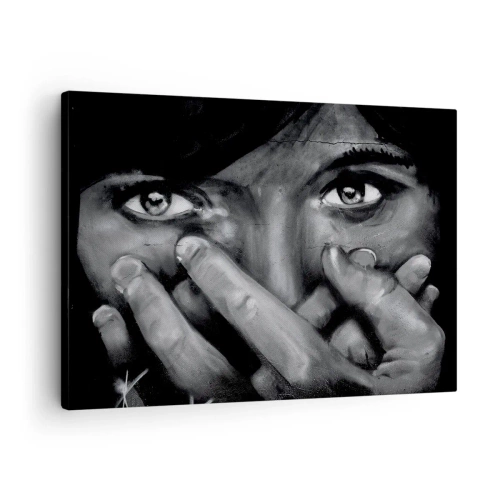 Canvastavla - Bild på duk - Svartvitt porträtt av en kvinna som täcker ansiktet med händerna. - 70x50cm - Jag säger inte vem som målat det - Modern väggdekoration för vardagsrum och sovrum ARTTOR