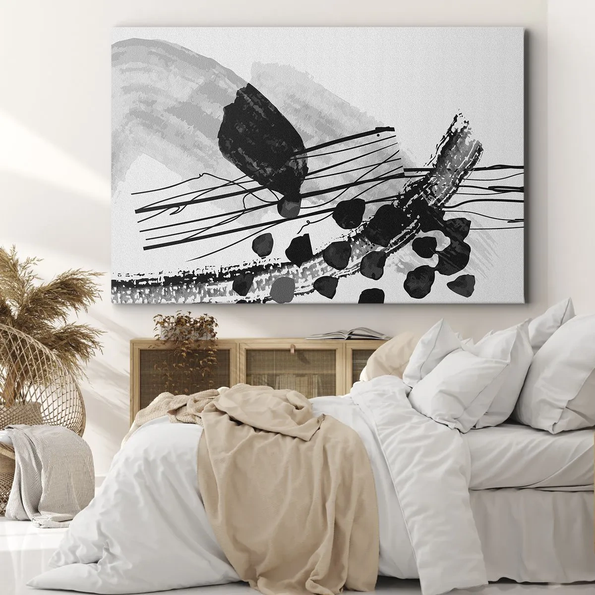 Canvastavla - Bild på duk - Svartvit abstrakt komposition med organiska former - 70x50cm - Svartvit organisk abstraktion - Modern väggdekoration för vardagsrum och sovrum ARTTOR