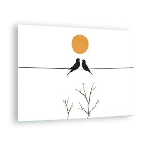 Glastavla - Bild på glas - Fåglar på en linje under en orange sol - 70x50cm - Näktergalens kväll - Modern väggdekoration för vardagsrum och sovrum ARTTOR