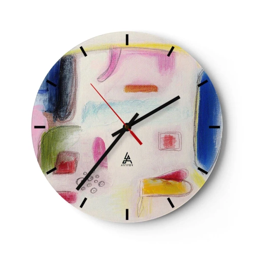 Väggklocka - Klocka på glas - Färgglada abstrakta fläckar på en ljus bakgrund i målerisk stil - 30x30cm - Mera konvex än konkav eller platt - Modern väggdekoration för vardagsrum, kök och sovrum ARTTOR