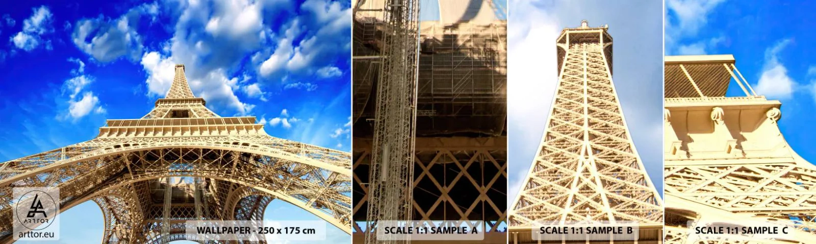 Provbit av självhäftande fototapet Deluxe Sticker - Nå himlen och molnen - Stad, Paris, Eiffeltornet - 100x30 cm