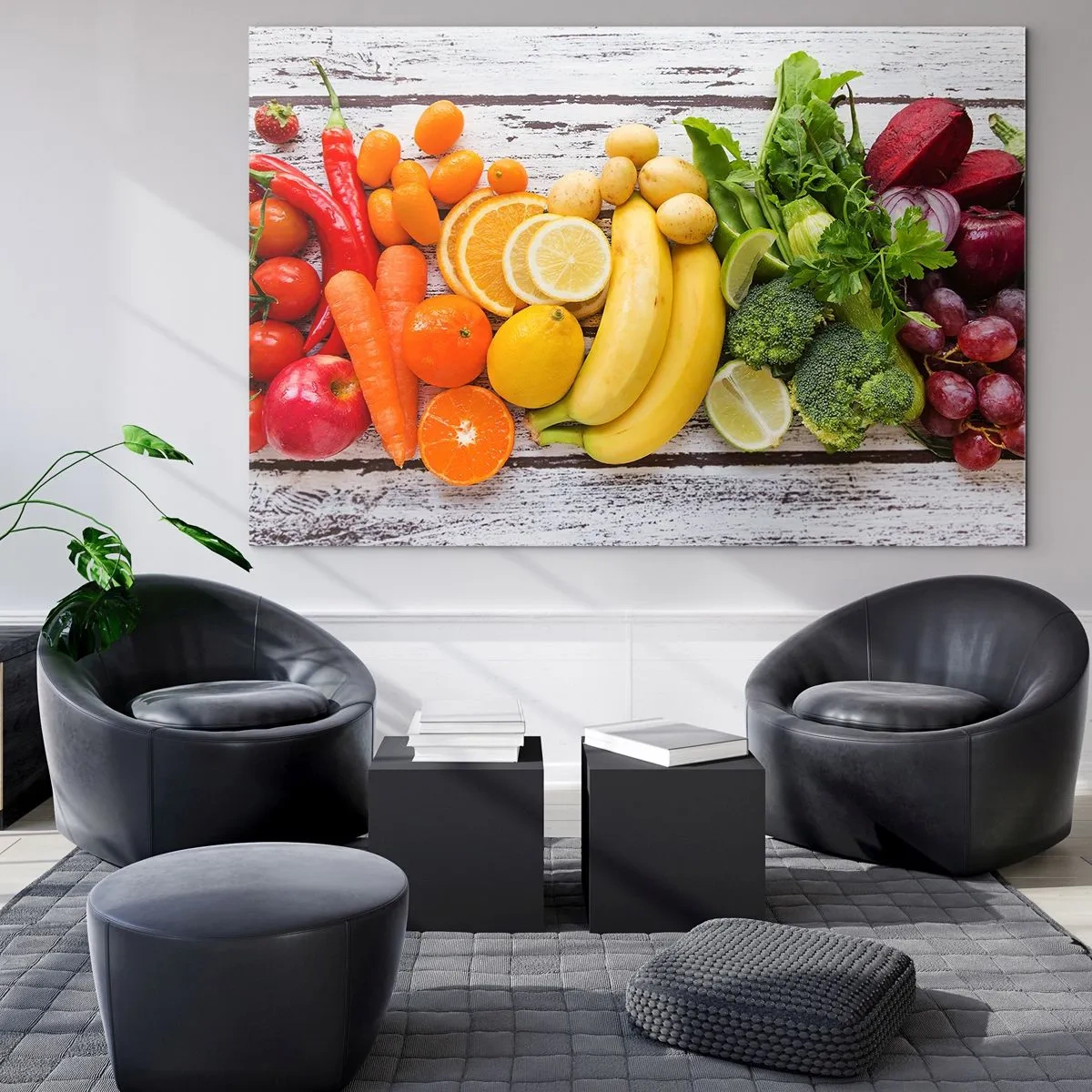 Glastavla - Bild på glas - Färgglada frukter och grönsaker arrangerade på ett träbord - 70x50cm - Räcker det inte? - Modern väggdekoration för vardagsrum och sovrum ARTTOR