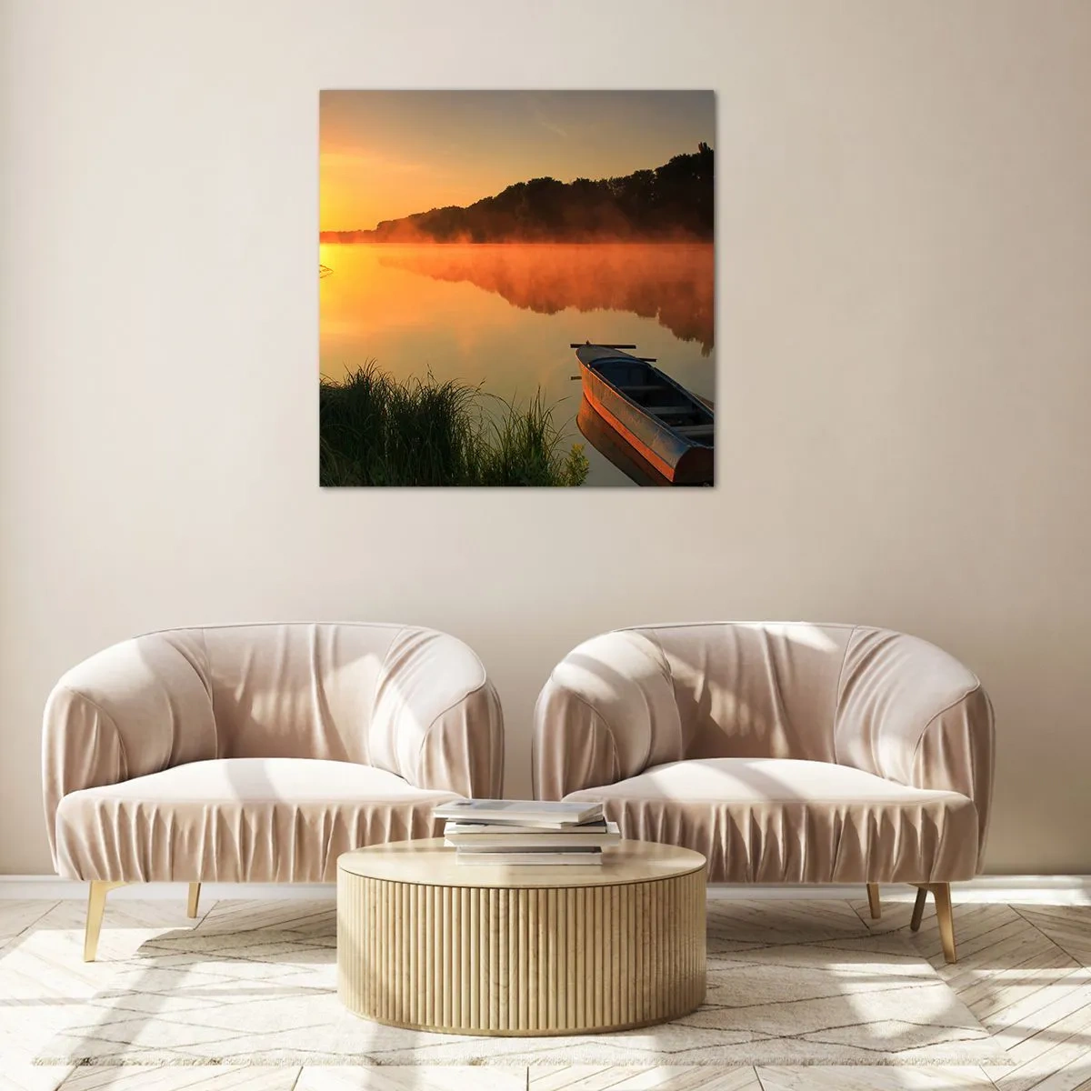 Glastavla - Bild på glas - Soluppgång vid spegelklart vatten - 30x30 cm