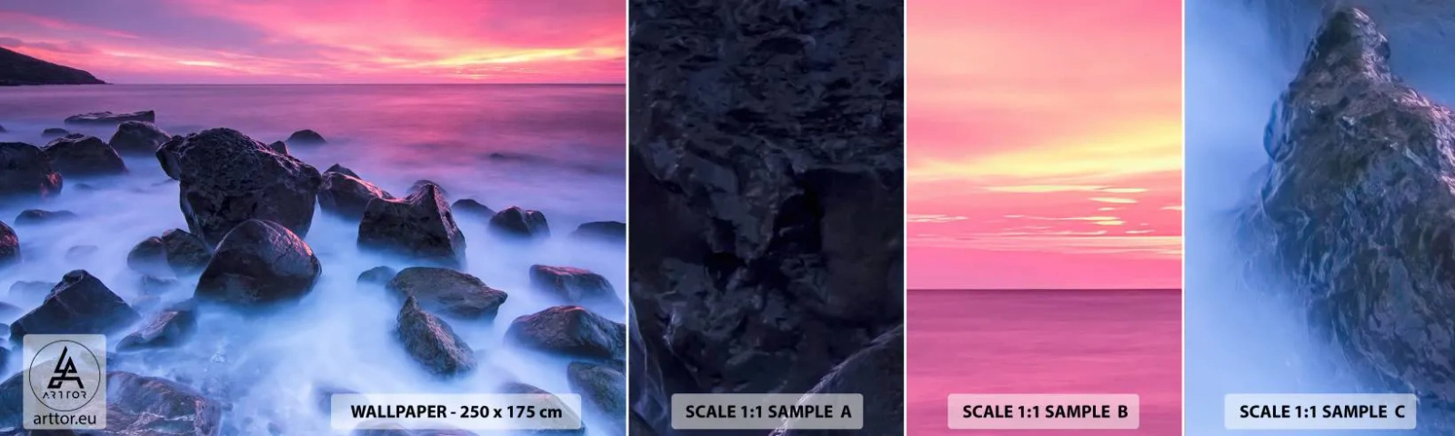 Provbit av självhäftande fototapet Deluxe Sticker - Dimma och sken - Landskap, Hav, Solnedgång - 100x30 cm