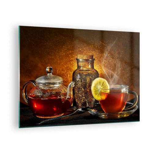 Glastavla - Bild på glas - En tekanna i glas och en kopp te med citron - 70x50cm - I holländska mästarnas stil - Modern väggdekoration för vardagsrum och sovrum ARTTOR