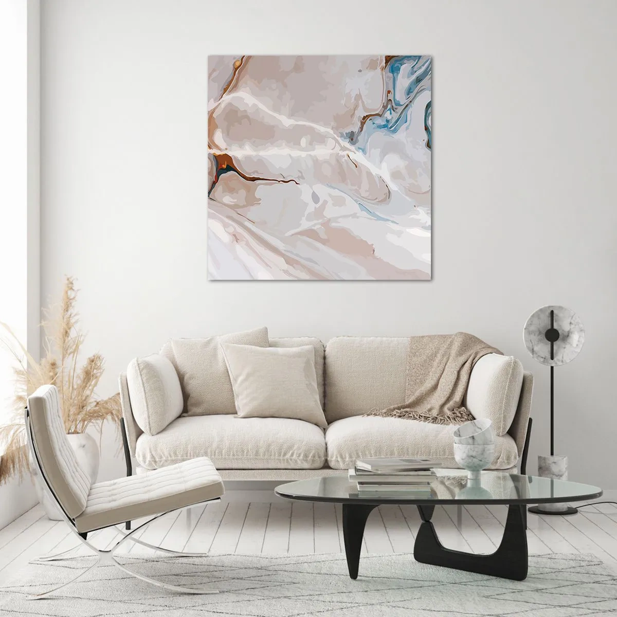 Glastavla - Bild på glas - Blåa meanderlopp under vithet - 50x50 cm