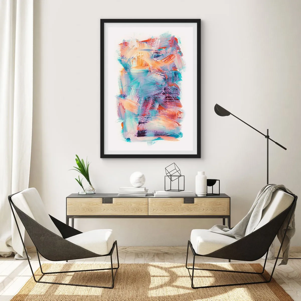 Affisch i svart ram - Uttrycksfull abstraktion i nyanser av orange och blått - 50x70cm - Färgglad röra - Modern väggdekoration för vardagsrum och sovrum ARTTOR