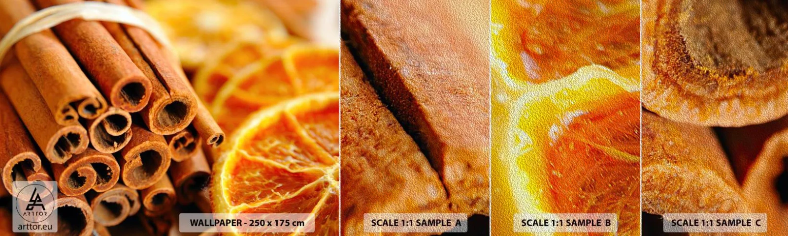 Provbit av fototapet Premium Sand - Känner du deras arom? - Orange, Kanelstång, Kryddor - 100x30 cm