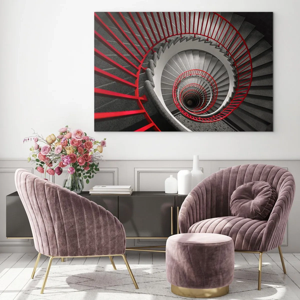 Glastavla - Bild på glas - Spiraltrappa med röda ledstänger i perspektiv - 70x50cm - Arkitektoniska spel - Modern väggdekoration för vardagsrum och sovrum ARTTOR