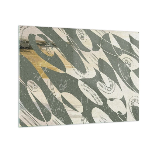 Glastavla - Bild på glas - En grön och beige komposition med dynamiska organiska former - 70x50cm - Rytmisk abstraktion - Modern väggdekoration för vardagsrum och sovrum ARTTOR