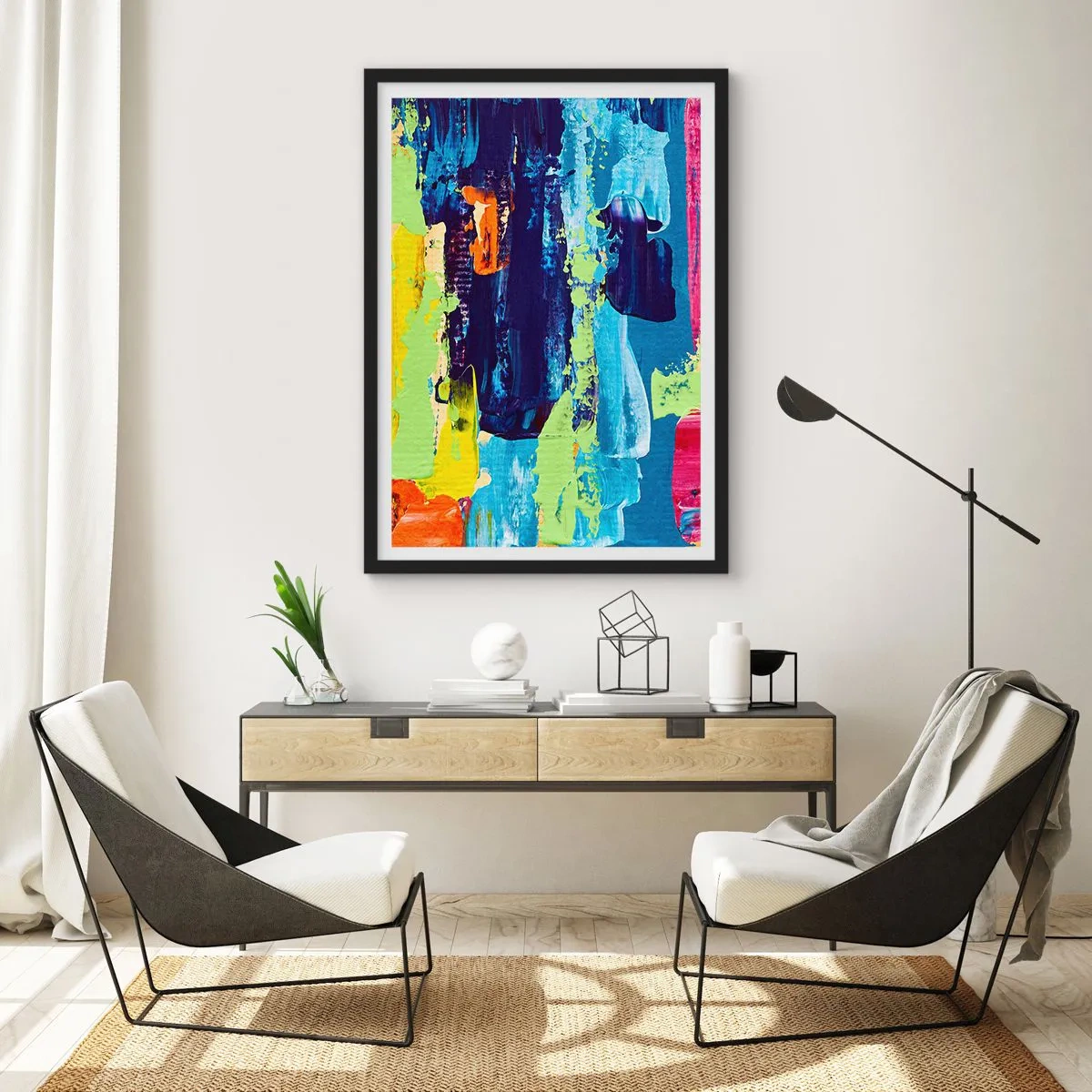 Affisch i svart ram - Abstrakta penseldrag i livfulla färger - 50x70cm - Livet är skönt! - Modern väggdekoration för vardagsrum och sovrum ARTTOR