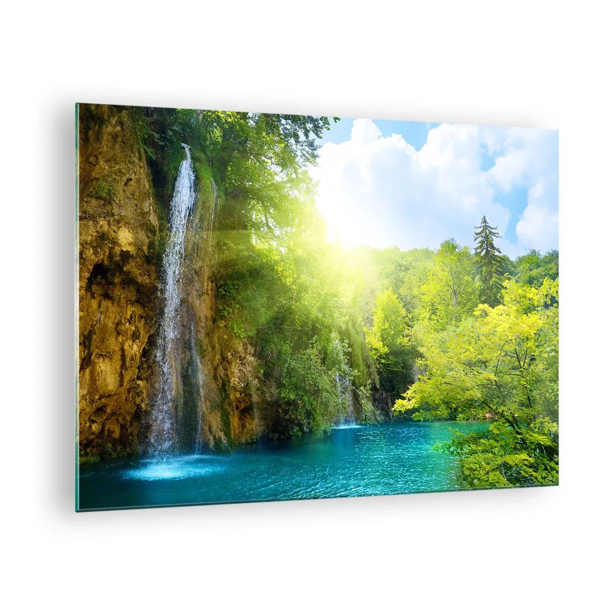 Glastavla - Bild på glas - Ett vattenfall som rinner ner i en blå sjö omgiven av grönska - 70x50cm - Det måste vara Eden - Modern väggdekoration för vardagsrum och sovrum ARTTOR