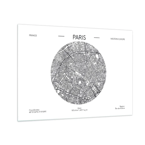 Glastavla - Bild på glas - En cirkulär karta över Paris i svartvit illustration - 70x50cm - Paris anatomi - Modern väggdekoration för vardagsrum och sovrum ARTTOR