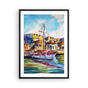 Affisch i svart ram - En färgglad akvarellmålning av en yacht i en kuststad - 50x70cm - Regnbågseftermiddag - Modern väggdekoration för vardagsrum och sovrum ARTTOR