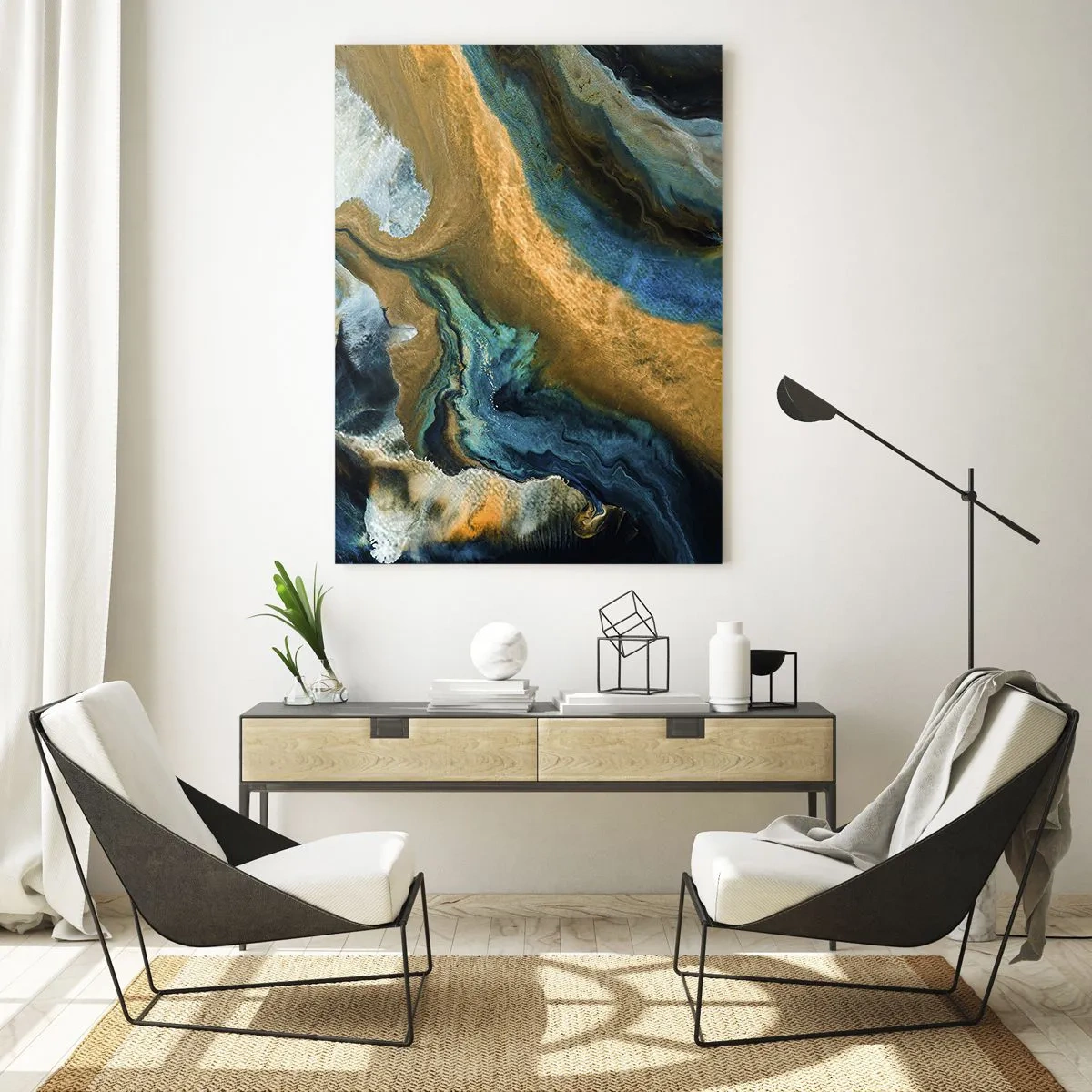 Glastavla - Bild på glas - Blå – gul – ömsesidiga influenser - 50x70 cm