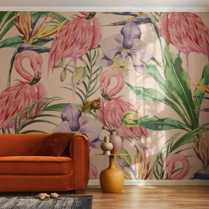 Fototapet Premium Sand - Rosa balett i blommor - Fågel, Flamingo, Djungel - 400x280 cm