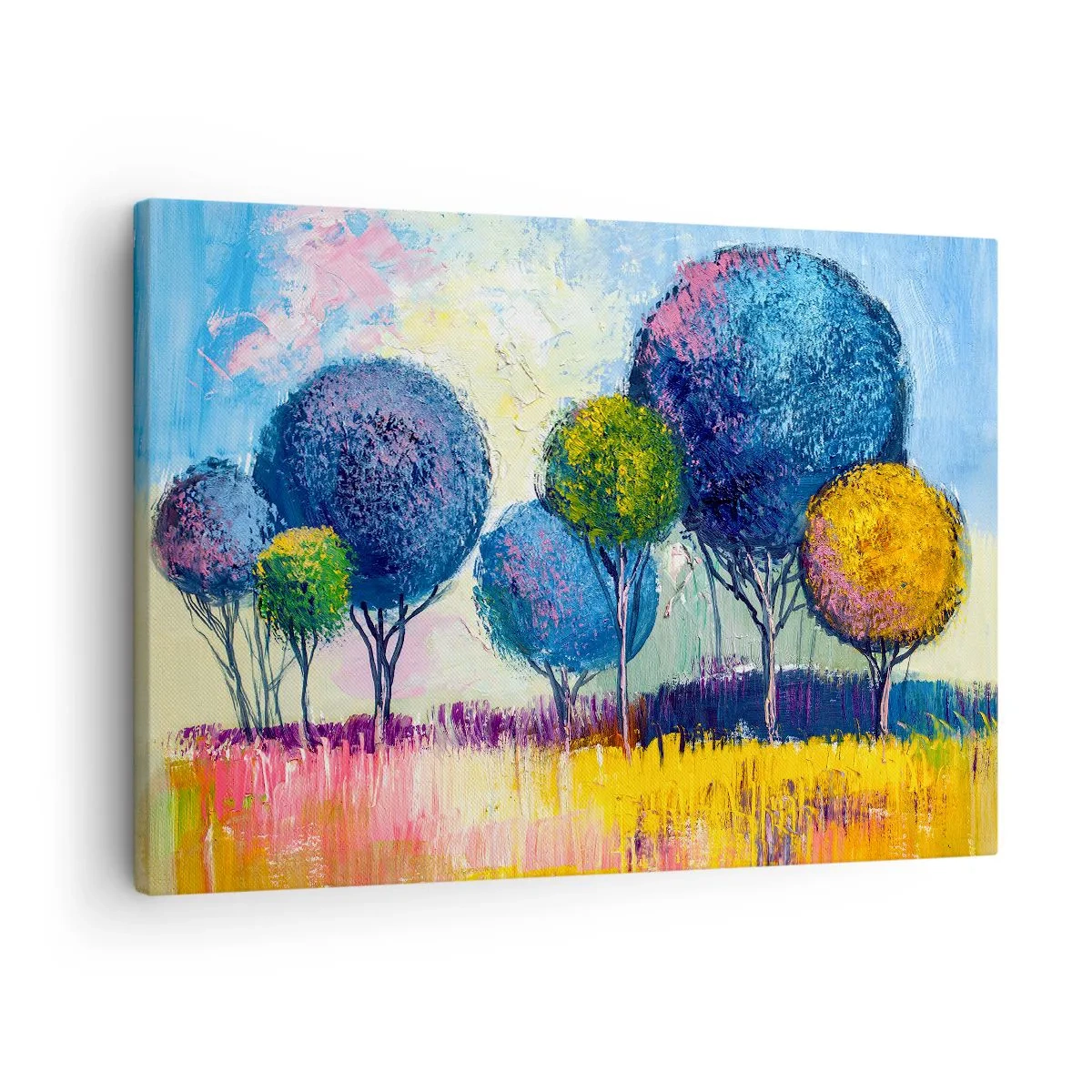 Canvastavla - Bild på duk - Färgglada bollformade träd mot bakgrund av ett landskap - 70x50cm - Kula - den perfekta formen - Modern väggdekoration för vardagsrum och sovrum ARTTOR