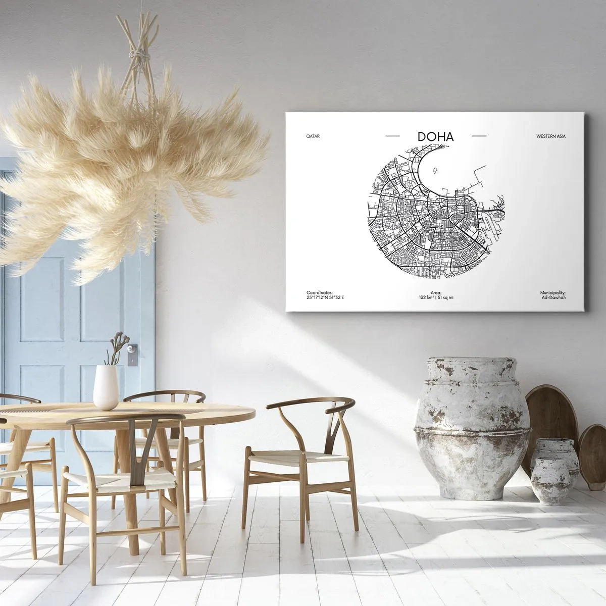 Canvastavla - Bild på duk - En minimalistisk karta över Doha i svartvitt med exakta detaljer. - 70x50cm - Dohas anatomi - Modern väggdekoration för vardagsrum och sovrum ARTTOR