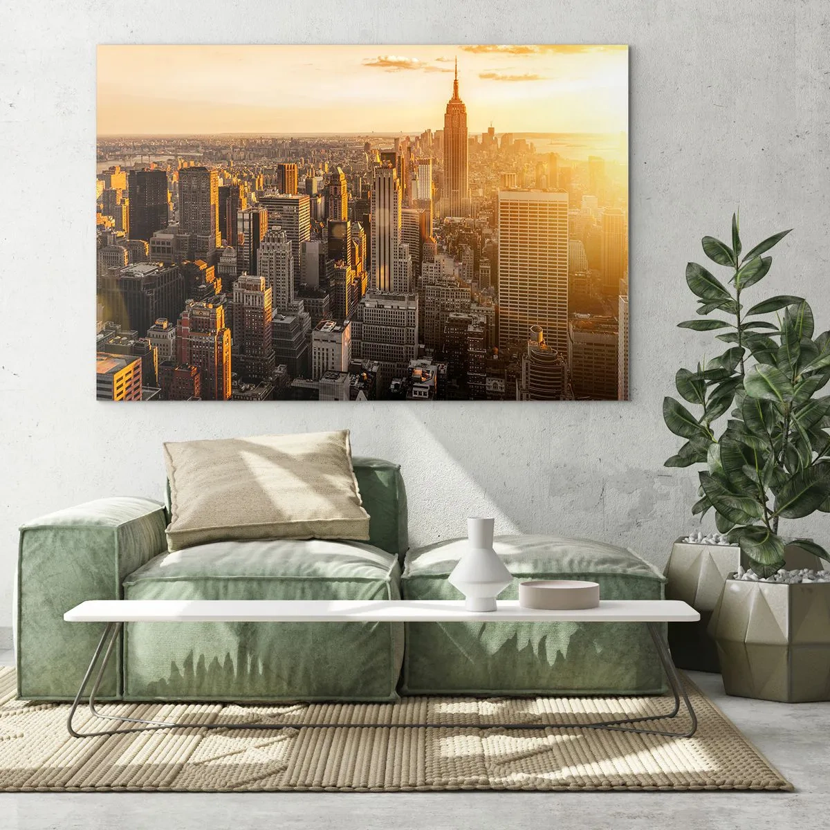 Glastavla - Bild på glas - New York Citys silhuett vid solnedgången - 70x50cm - Växa i solskenet - Modern väggdekoration för vardagsrum och sovrum ARTTOR