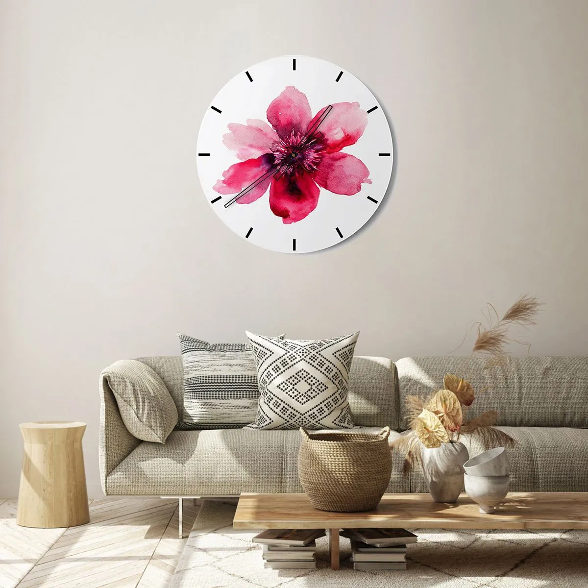 Väggklocka - Klocka på glas - Akvarell röd blommig komposition - 30x30cm - Doftande karminkyss - Modern väggdekoration för vardagsrum, kök och sovrum ARTTOR