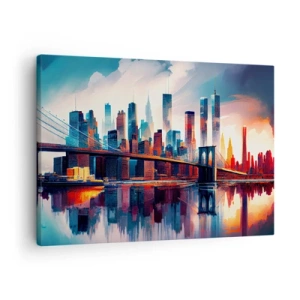 Canvastavla - Bild på duk - New York City-panorama med bro och reflektion i vatten - 70x50cm - Fenomenala New York - Modern väggdekoration för vardagsrum och sovrum ARTTOR