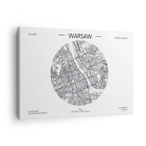 Canvastavla - Bild på duk - En karta över Warszawa i minimalistisk stil - 70x50cm - Warszawas anatomi - Modern väggdekoration för vardagsrum och sovrum ARTTOR