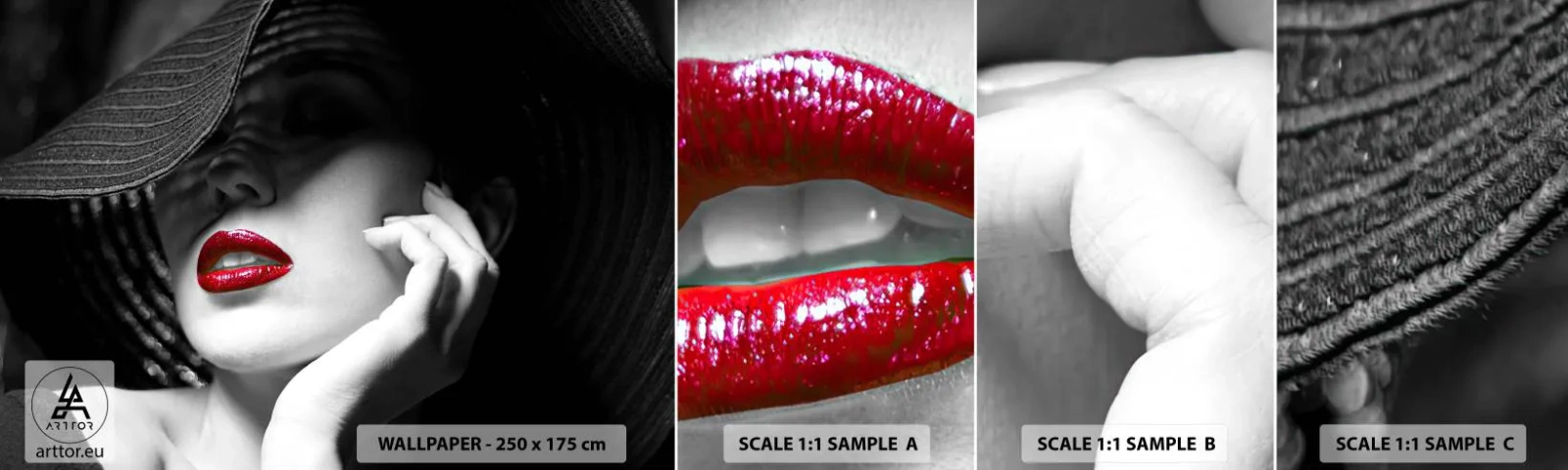 Provbit av självhäftande fototapet Deluxe Sticker - En studie i scharlakansröd - Kvinna, röda läppar, Mode - 100x30 cm
