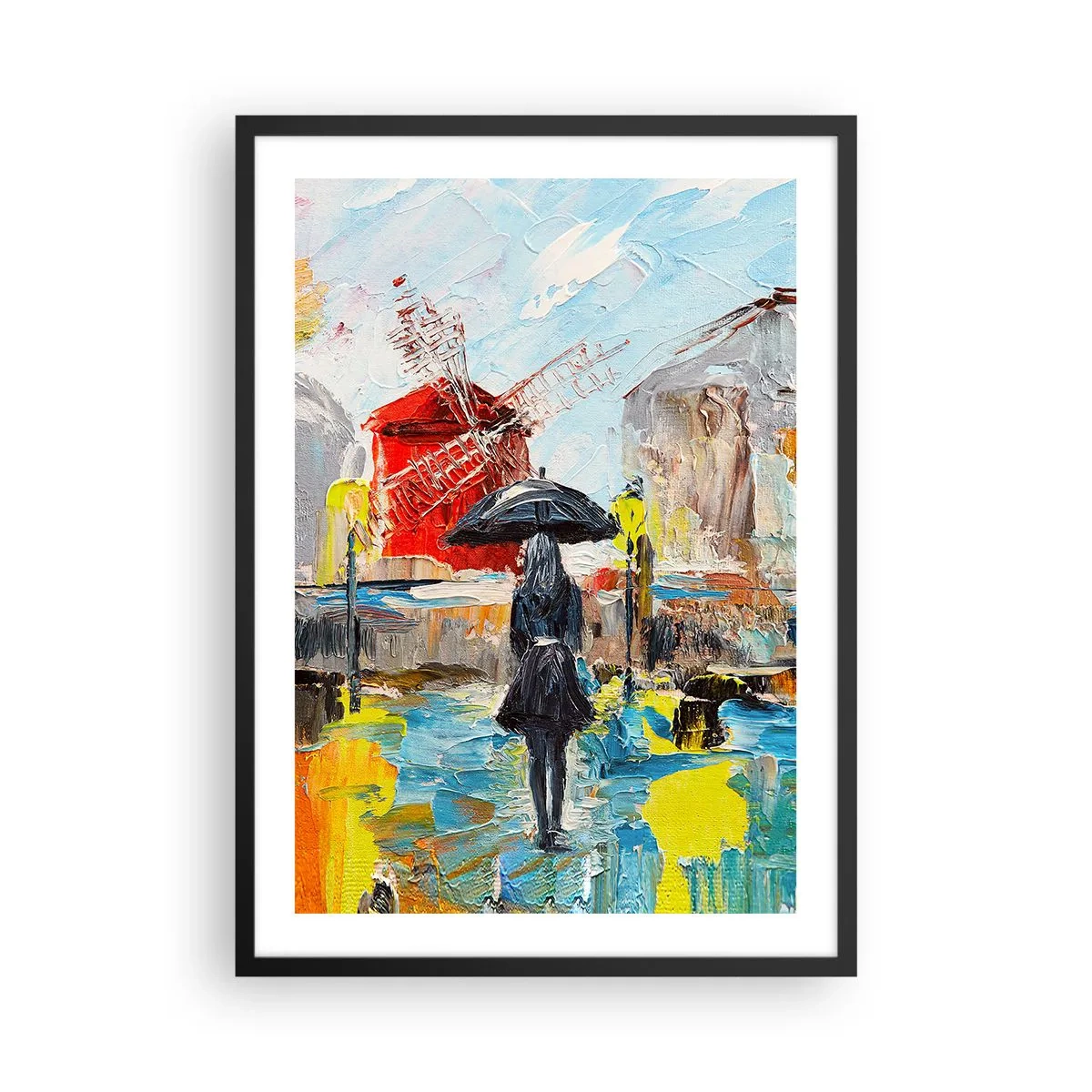 Affisch i svart ram - En kvinna med ett paraply mot bakgrund av en stad i regnet - 50x70cm - Parislegender - Modern väggdekoration för vardagsrum och sovrum ARTTOR